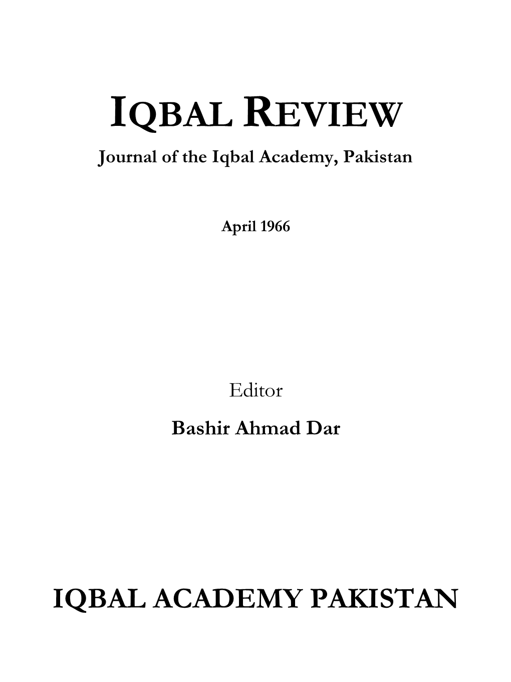 IQBAL REVIEW Journal of the Iqbal Academy, Pakistan