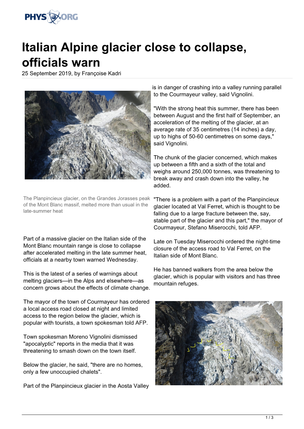 Italian Alpine Glacier Close to Collapse, Officials Warn 25 September 2019, by Françoise Kadri