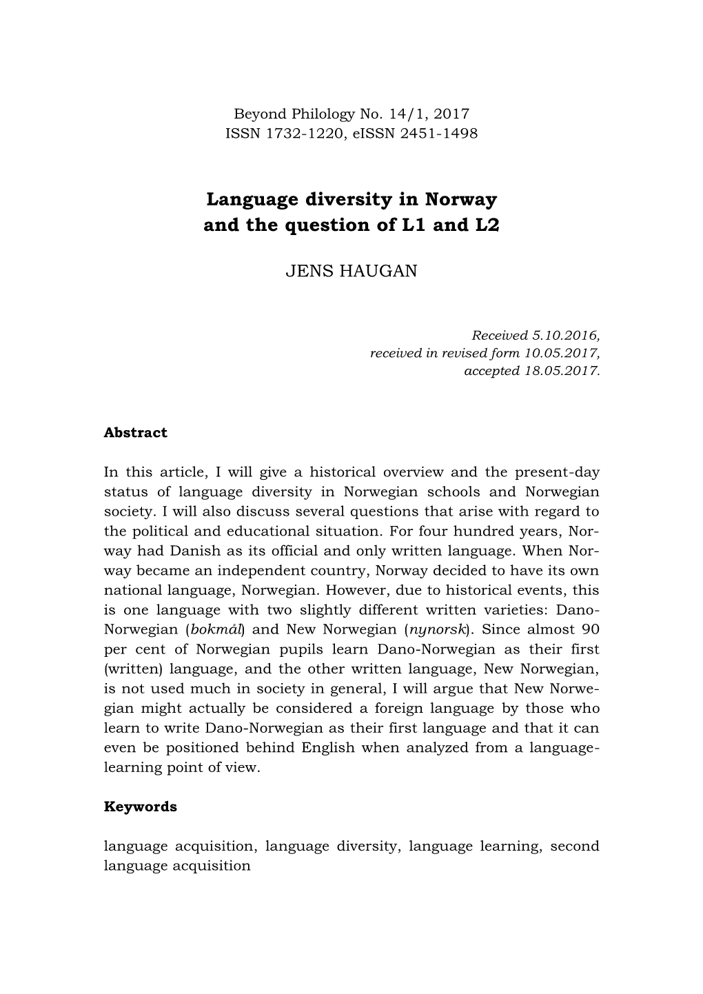 Language Diversity in Norway and the Question of L1 and L2