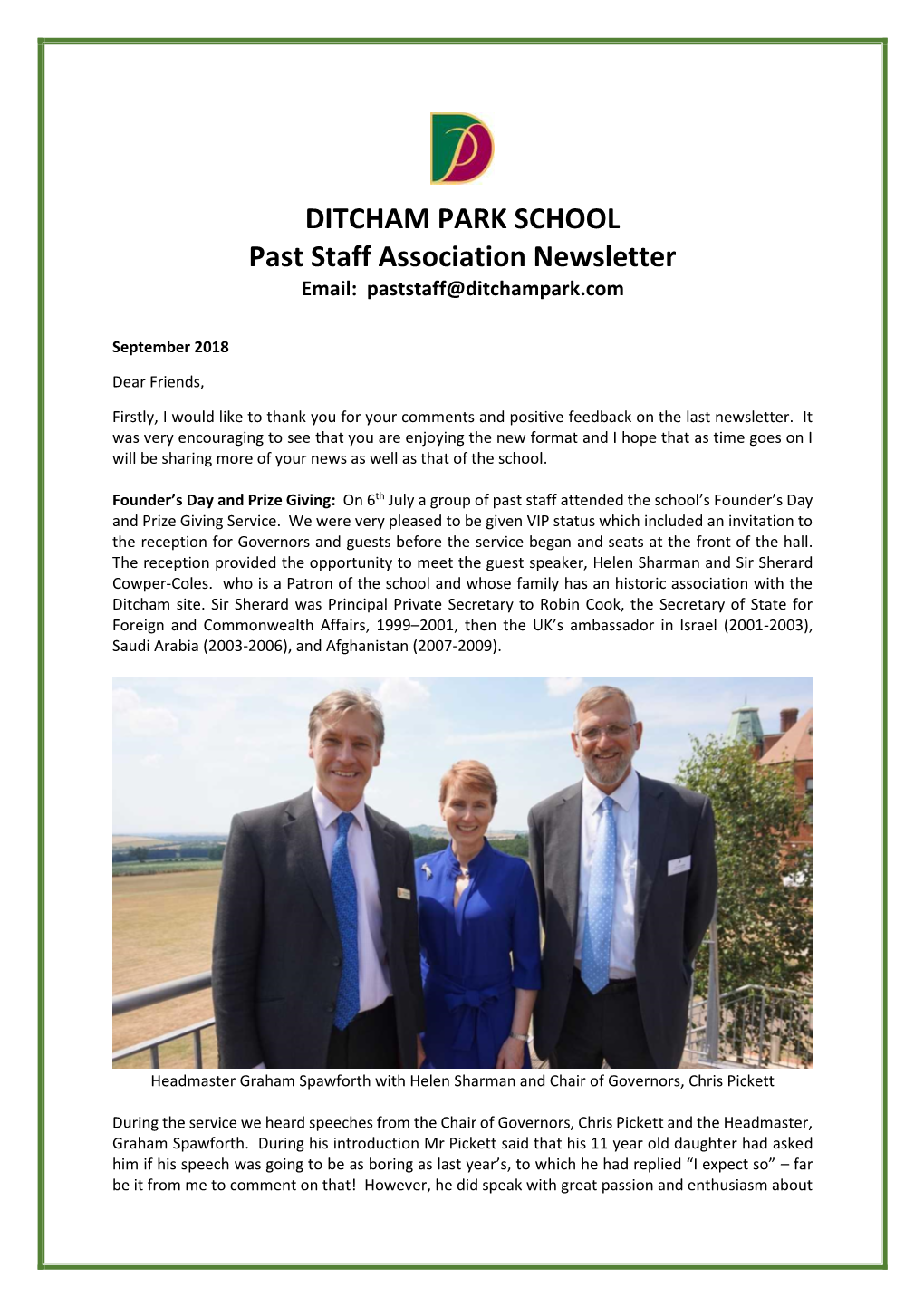 DITCHAM PARK SCHOOL Past Staff Association Newsletter Email: Paststaff@Ditchampark.Com