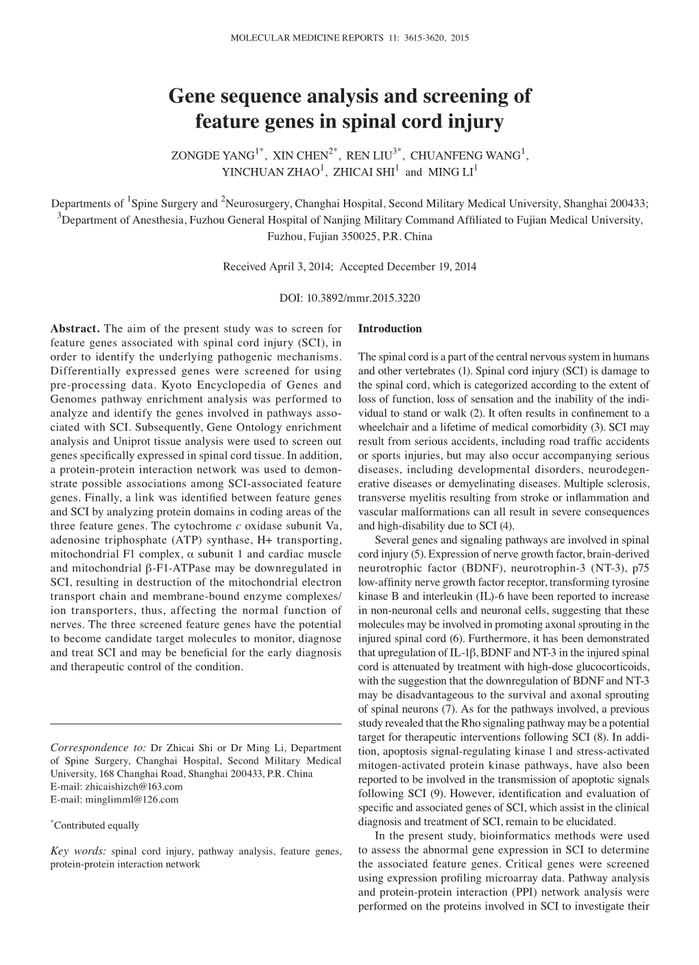 Gene Sequence Analysis and Screening of Feature Genes in Spinal Cord Injury