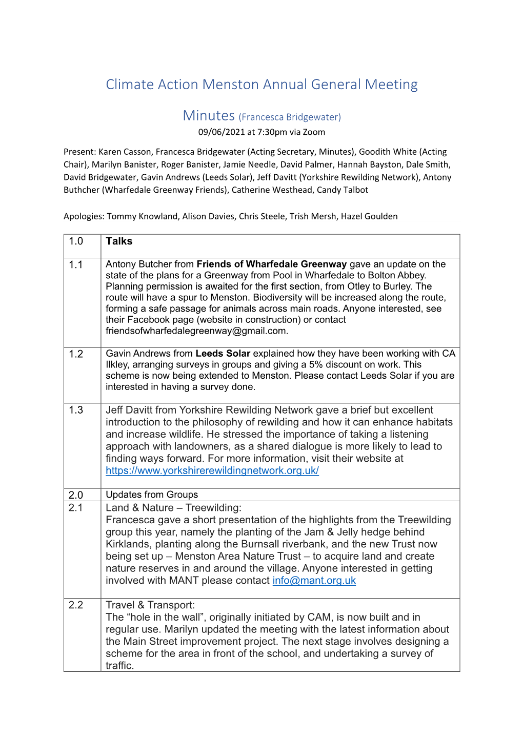 Climate Action Menston Annual General Meeting