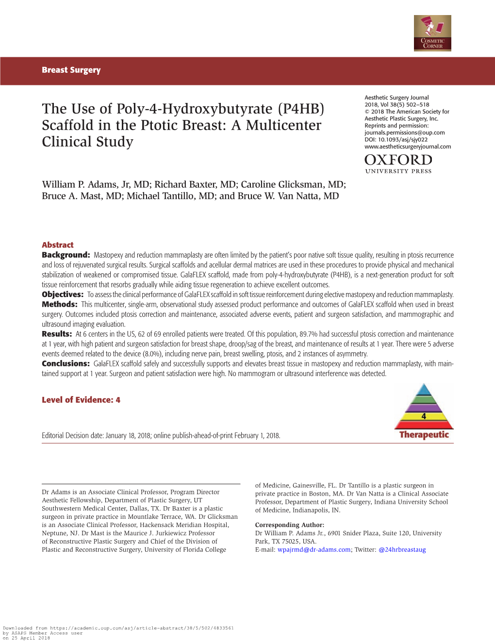 Scaffold in the Ptotic Breast: a Multicenter Journals.Permissions@Oup.Com DOI: 10.1093/Asj/Sjy022 Clinical Study