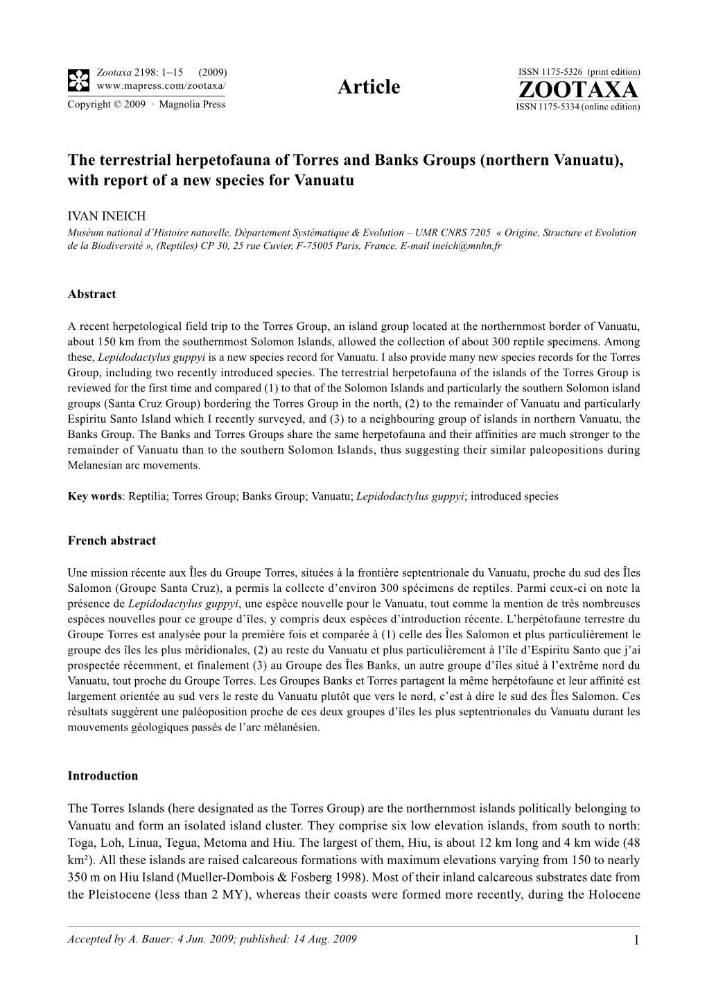 Zootaxa, the Terrestrial Herpetofauna of Torres and Banks Groups