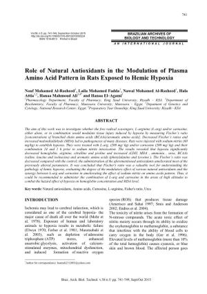 Role of Natural Antioxidants in the Modulation of Plasma Amino Acid Pattern in Rats Exposed to Hemic Hypoxia
