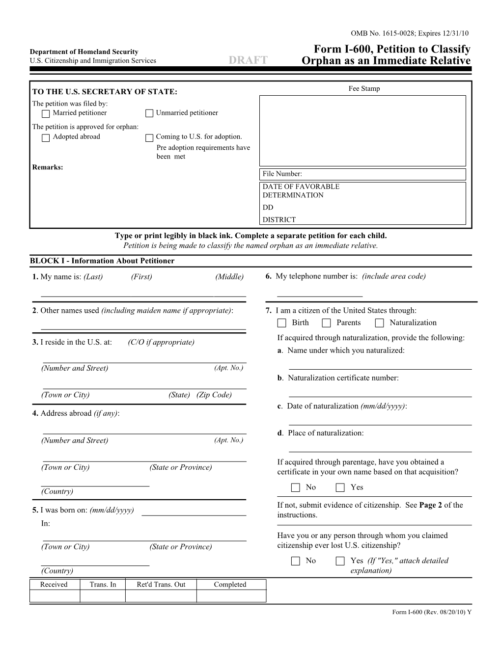 Form I-600, Petition to Classify Orphan As an Immediate Relative DRAFT