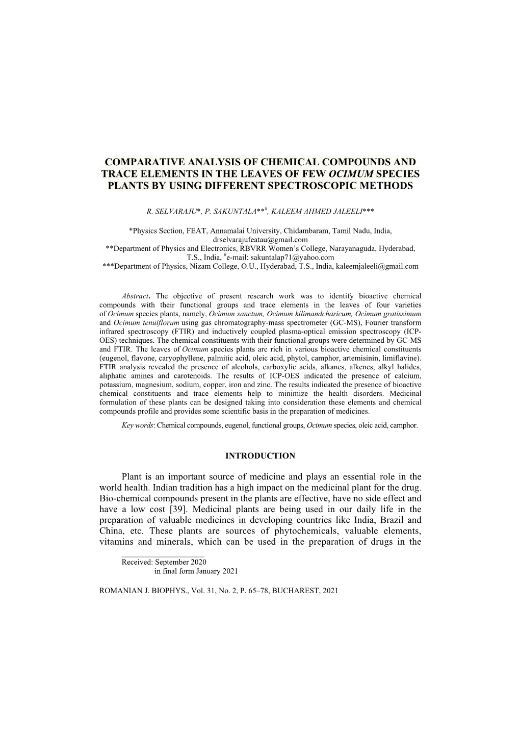 Comparative Analysis of Chemical Compounds and Trace Elements in the Leaves of Few Ocimum Species Plants by Using Different Spectroscopic Methods