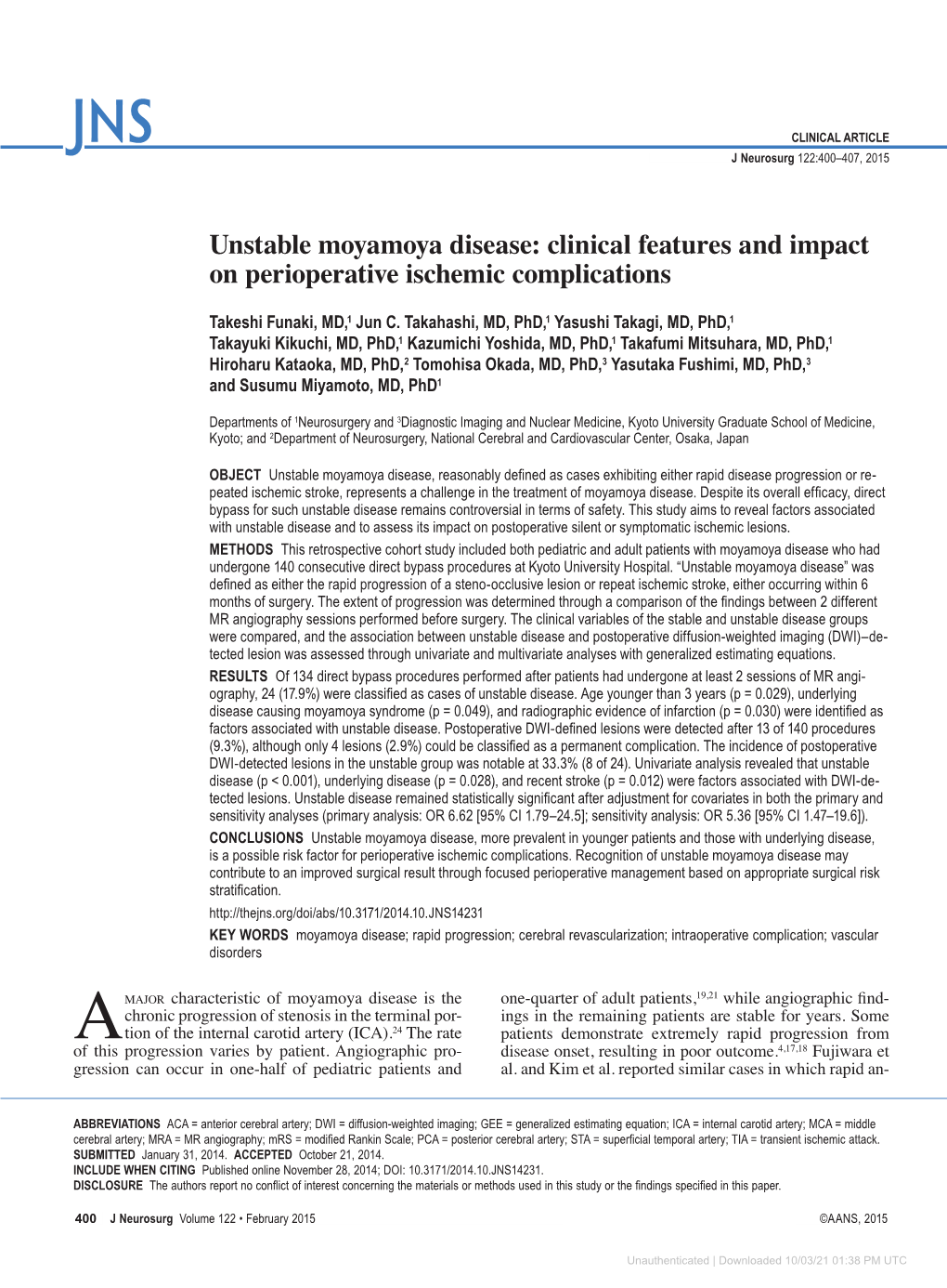 Unstable Moyamoya Disease: Clinical Features and Impact on Perioperative Ischemic Complications