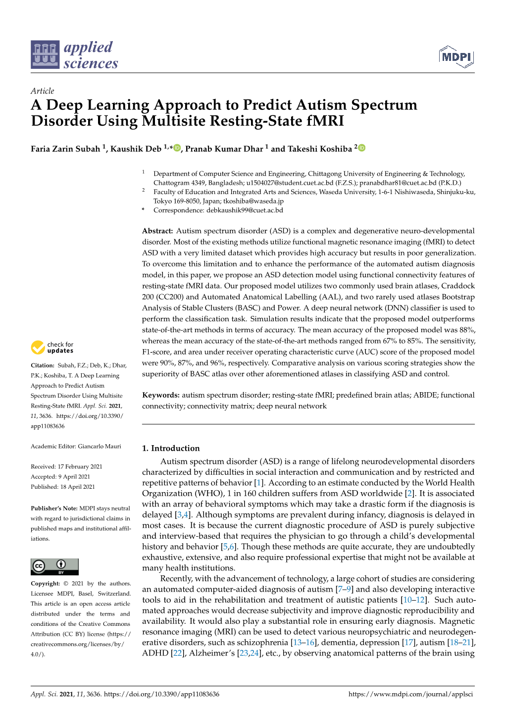 A Deep Learning Approach to Predict Autism Spectrum Disorder Using Multisite Resting-State Fmri