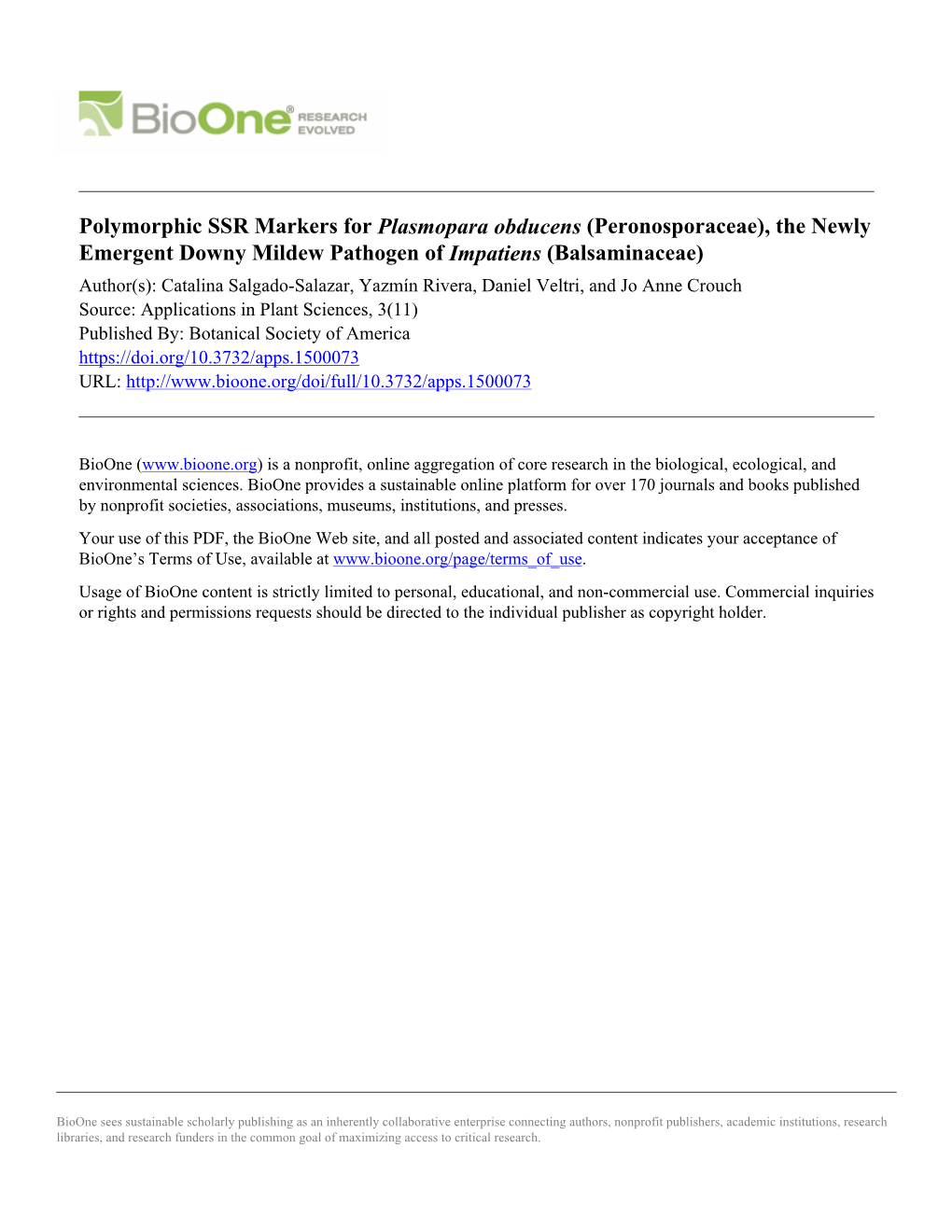 Polymorphic SSR Markers for Plasmopara Obducens (Peronosporaceae), the Newly Emergent Downy Mildew Pathogen of Impatiens (Balsam