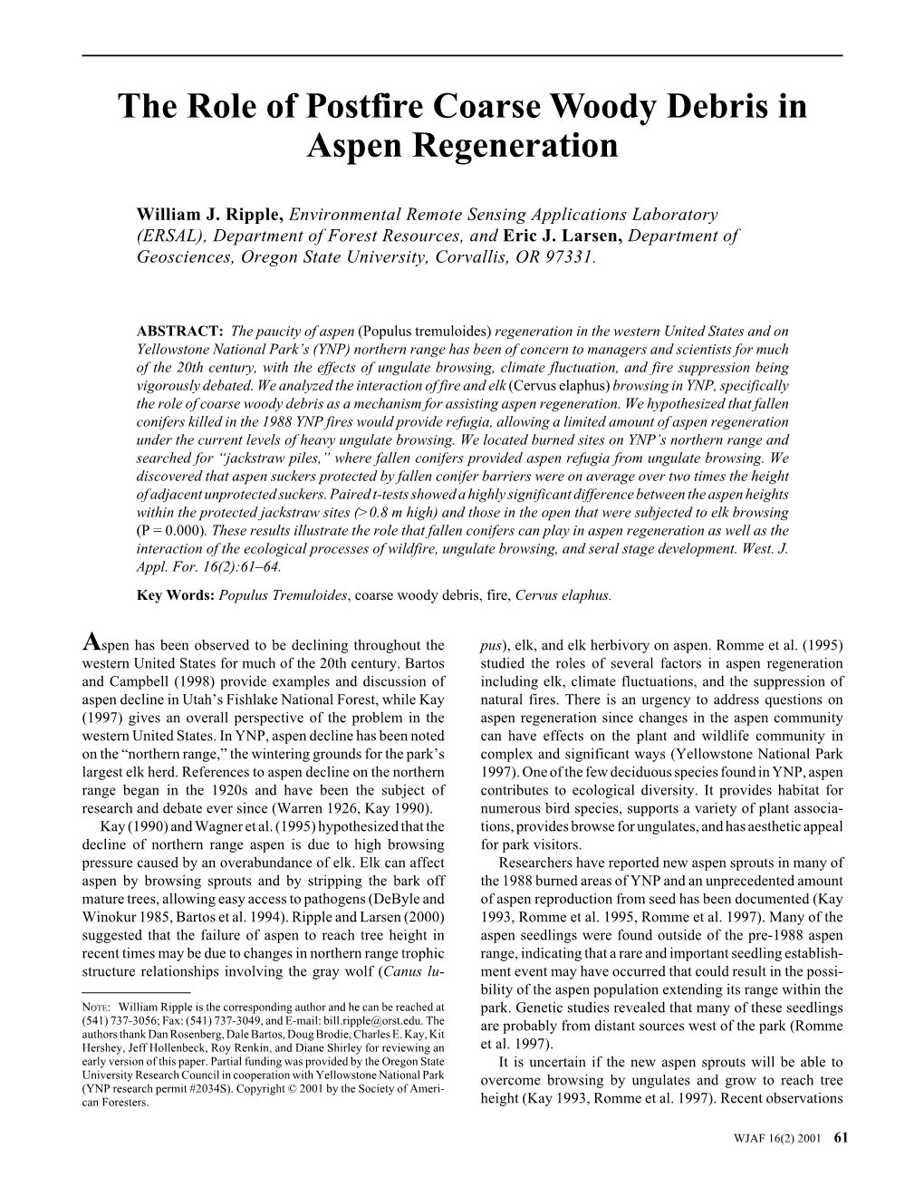 The Role of Postfire Coarse Woody Debris in Aspen Regeneration