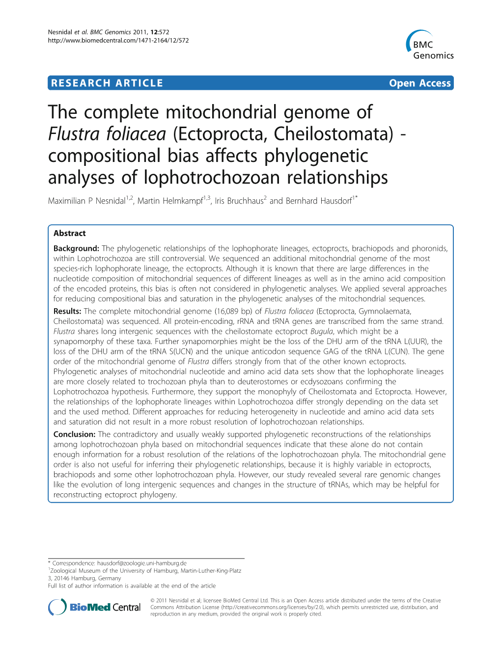 The Complete Mitochondrial Genome of Flustra Foliacea