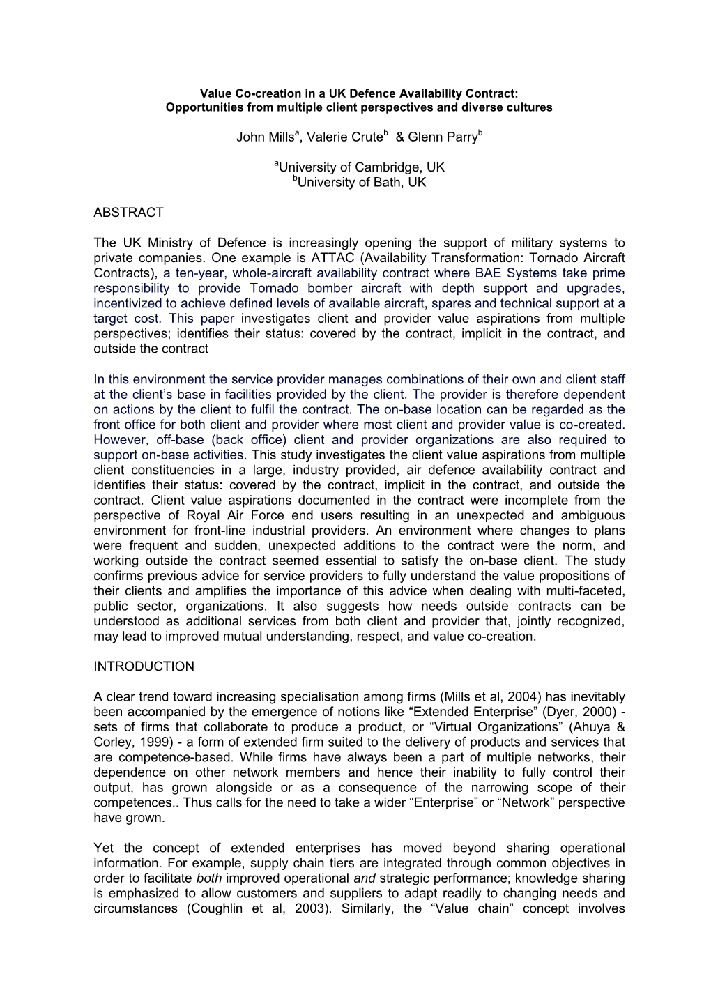 Value Co-Creation in a UK Defence Availability Contract: Opportunities from Multiple Client Perspectives and Diverse Cultures