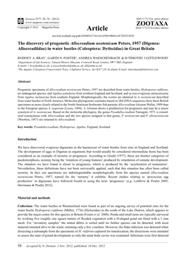 (Digenea: Allocreadiidae) in Water Beetles (Coleoptera: Dytiscidae) in Great Britain