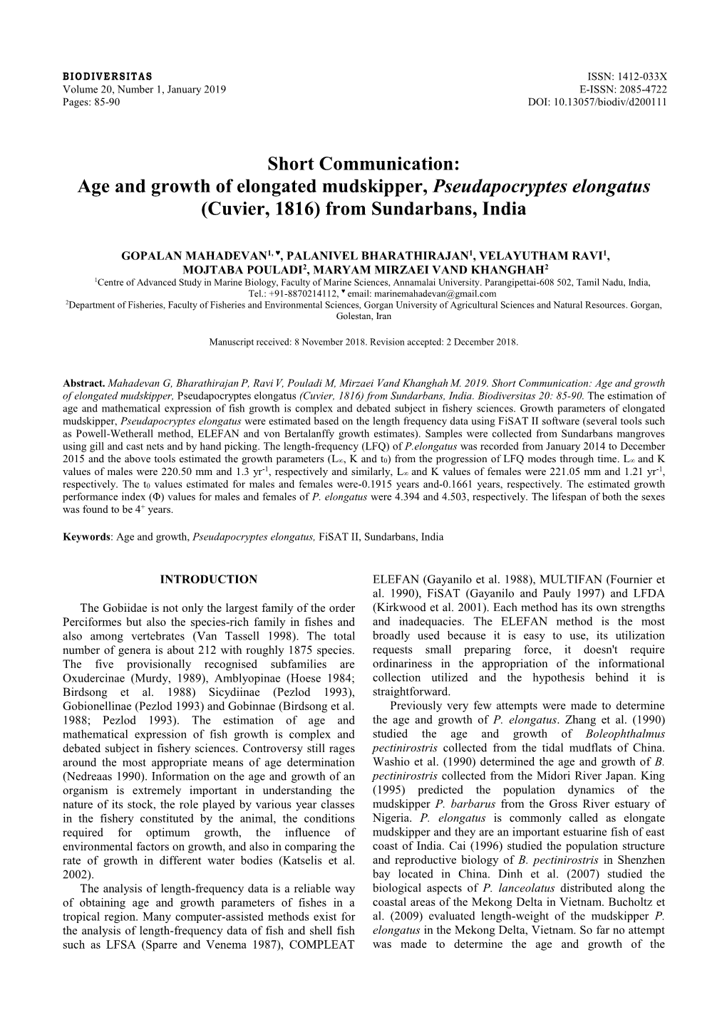 Age and Growth of Elongated Mudskipper, Pseudapocryptes Elongatus (Cuvier, 1816) from Sundarbans, India