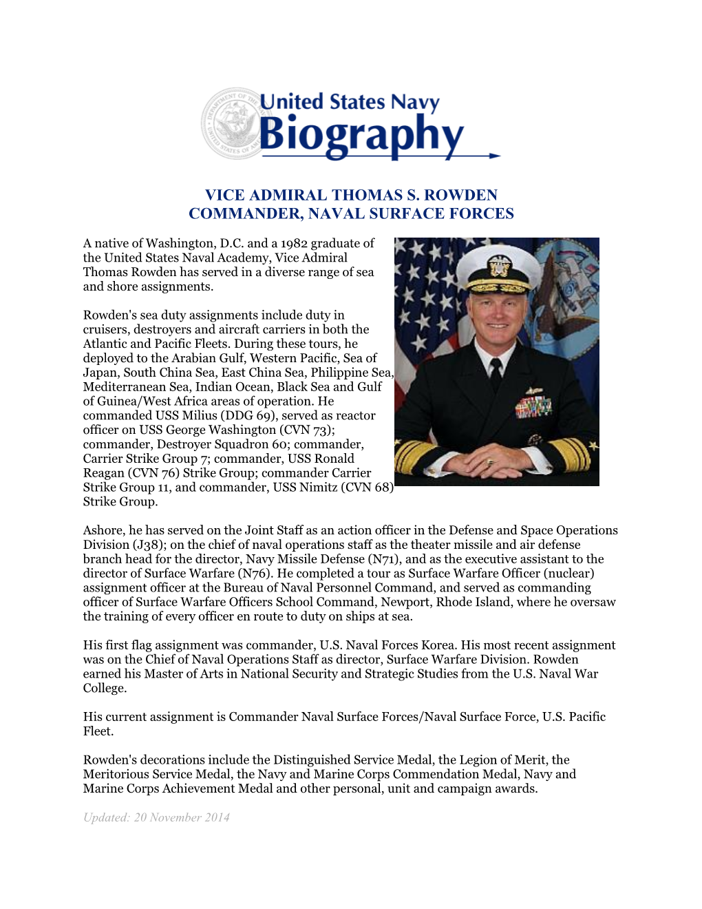 Vice Admiral Thomas S. Rowden Commander, Naval Surface Forces