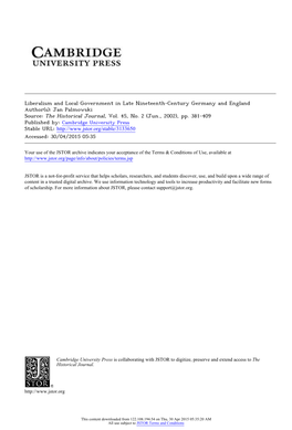 Liberalism and Local Government in Late Nineteenth-Century Germany and England Author(S): Jan Palmowski Source: the Historical Journal, Vol