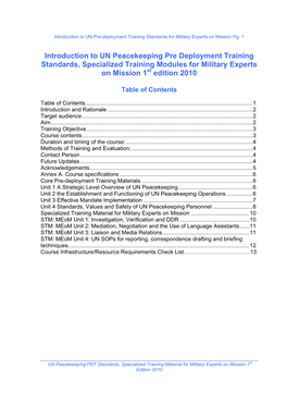 Introduction to UN Peacekeeping Pre Deployment Training Standards, Specialized Training Modules for Military Experts on Mission 1St Edition 2010