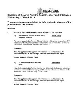 Decisions of the Area Planning Panel (Keighley and Shipley) on Wednesday, 27 March 2019