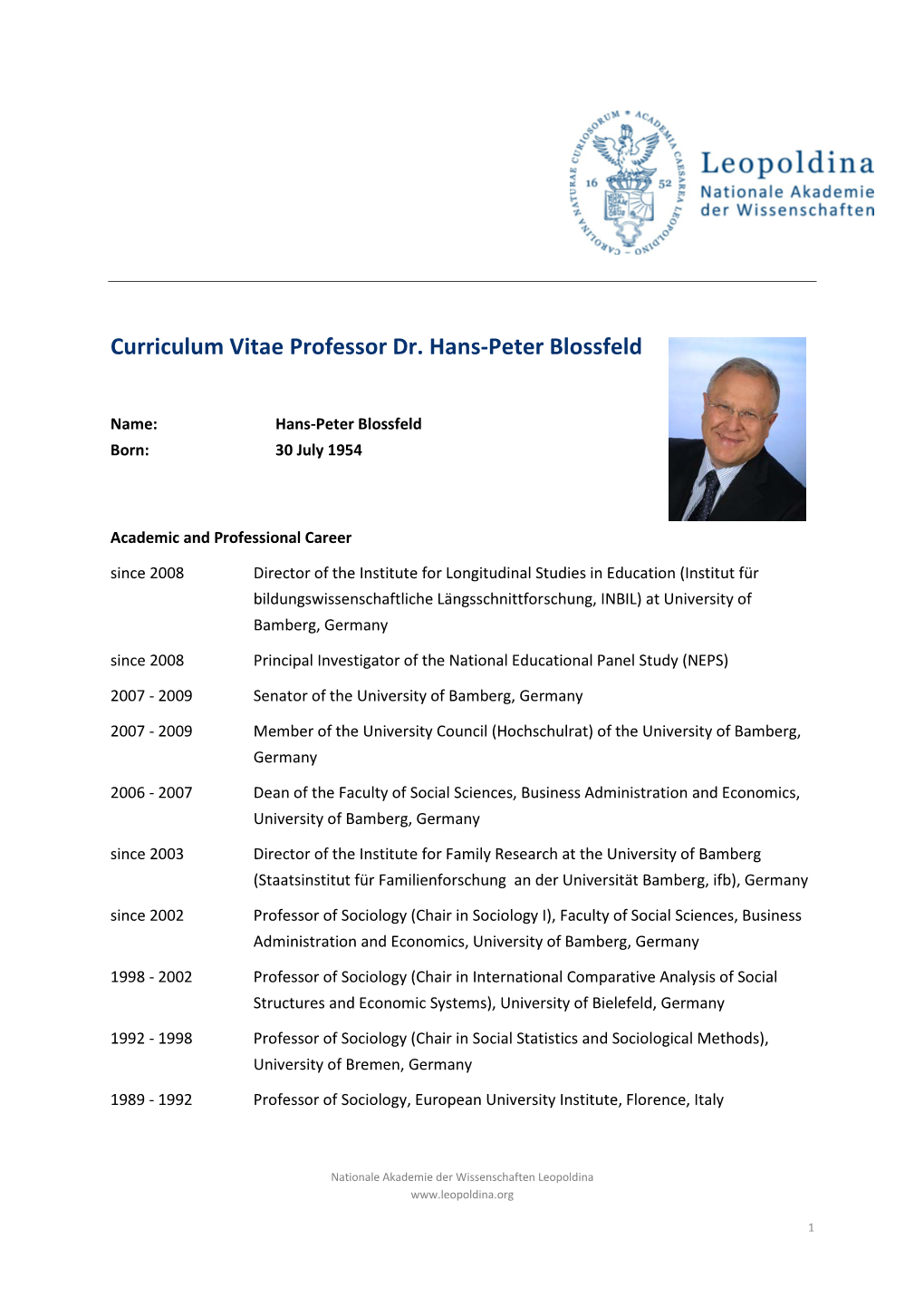 Curriculum Vitae Professor Dr. Hans-Peter Blossfeld