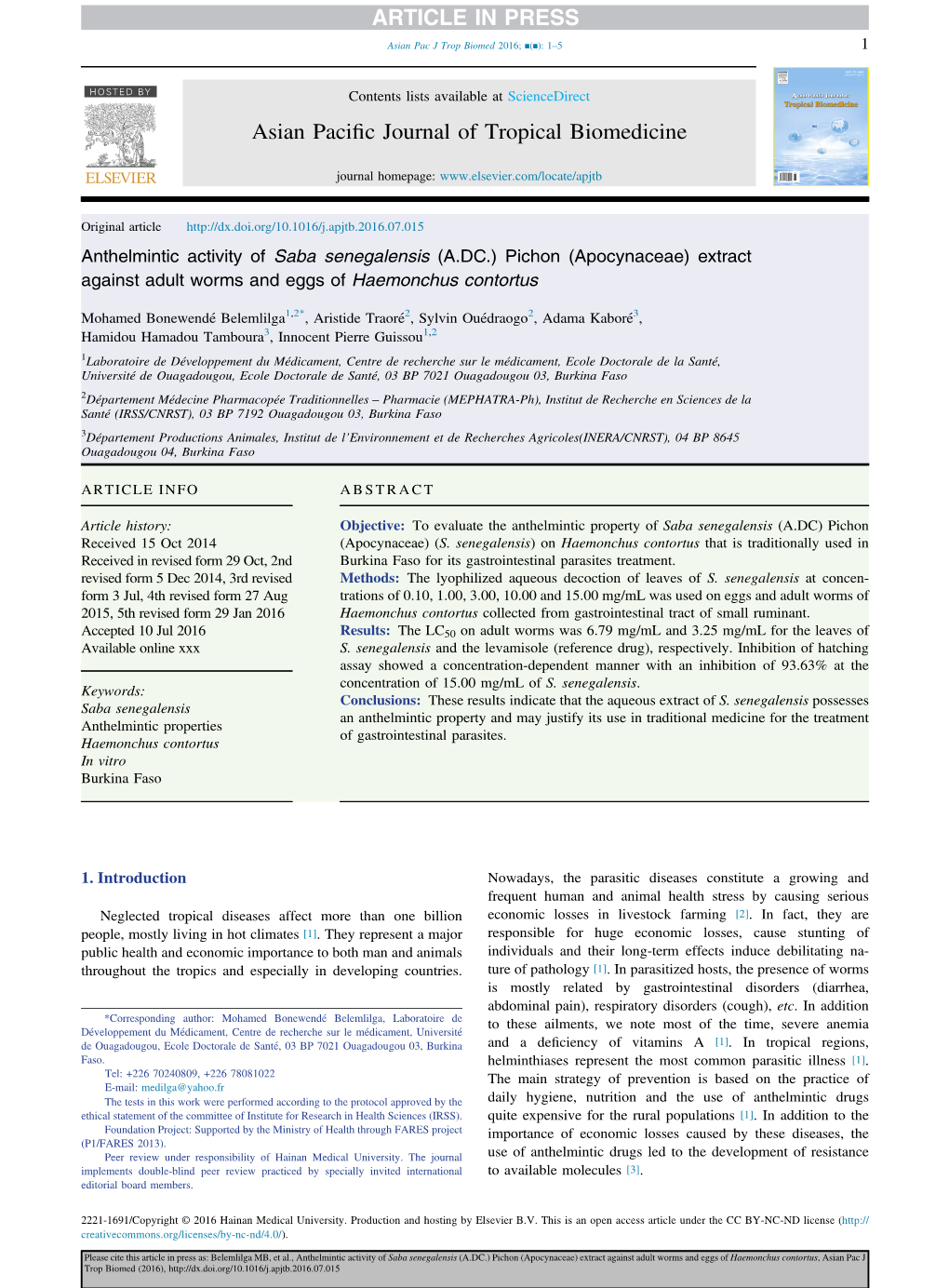 Anthelmintic Activity of Saba Senegalensis (A.DC.) Pichon (Apocynaceae) Extract Against Adult Worms and Eggs of Haemonchus Contortus