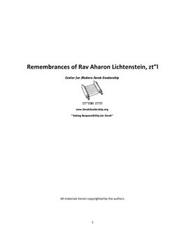 Remembrances of Rav Aharon Lichtenstein, Zt”L