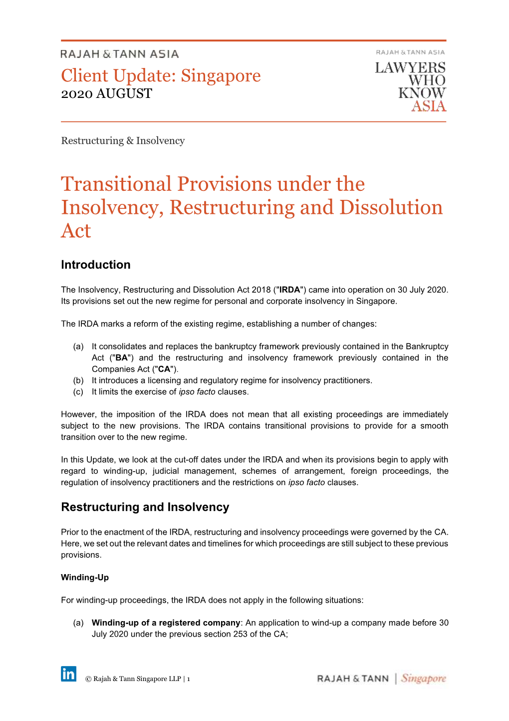 Transitional Provisions Under the Insolvency, Restructuring and Dissolution Act