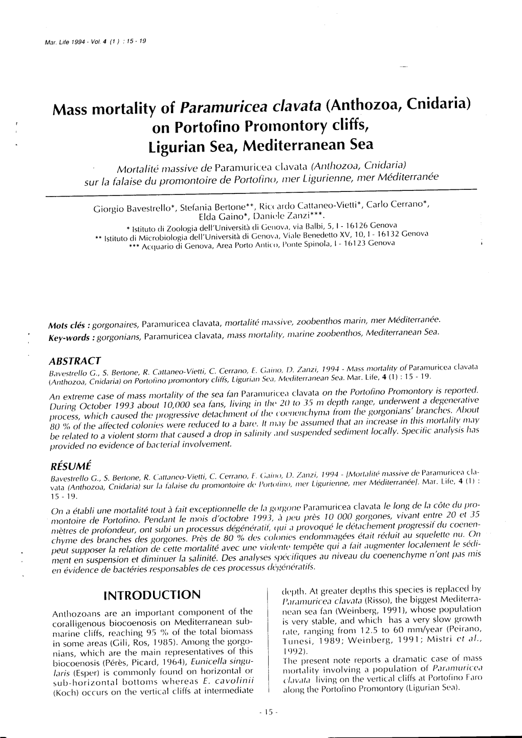 Mass Mortality of Paramuricea Clavata (Anthozoat Cnidaria) on Portofino