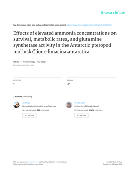 Effects of Elevated Ammonia Concentrations on Survival, Metabolic Rates, and Glutamine Synthetase Activity in the Antarctic Pter