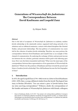 Generations of Wissenschaft Des Judentums: the Correspondence Between David Kaufmann and Leopold Zunz