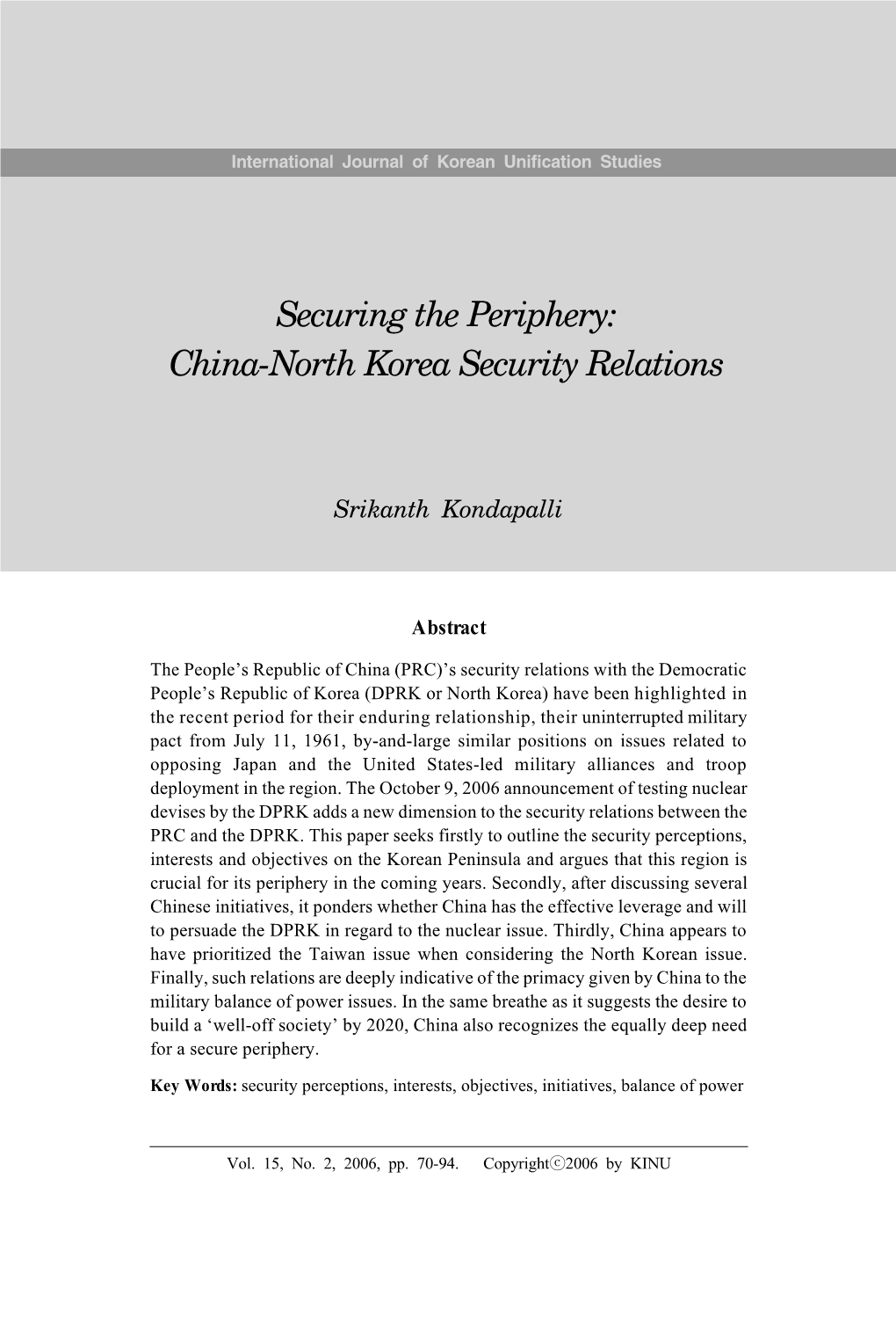 Securing the Periphery: China-North Korea Security Relations