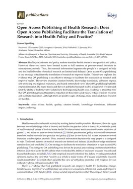 Open Access Publishing of Health Research: Does Open Access Publishing Facilitate the Translation of Research Into Health Policy and Practice?