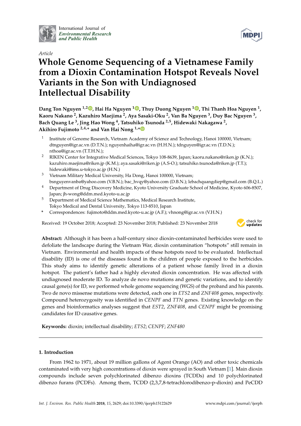 Whole Genome Sequencing of a Vietnamese Family from a Dioxin Contamination Hotspot Reveals Novel Variants in the Son with Undiagnosed Intellectual Disability