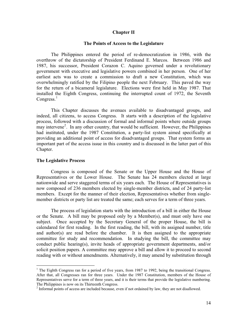 Chapter II the Points of Access to the Legislature the Philippines Entered