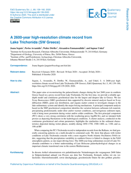 A 2600-Year High-Resolution Climate Record from Lake Trichonida (SW Greece)