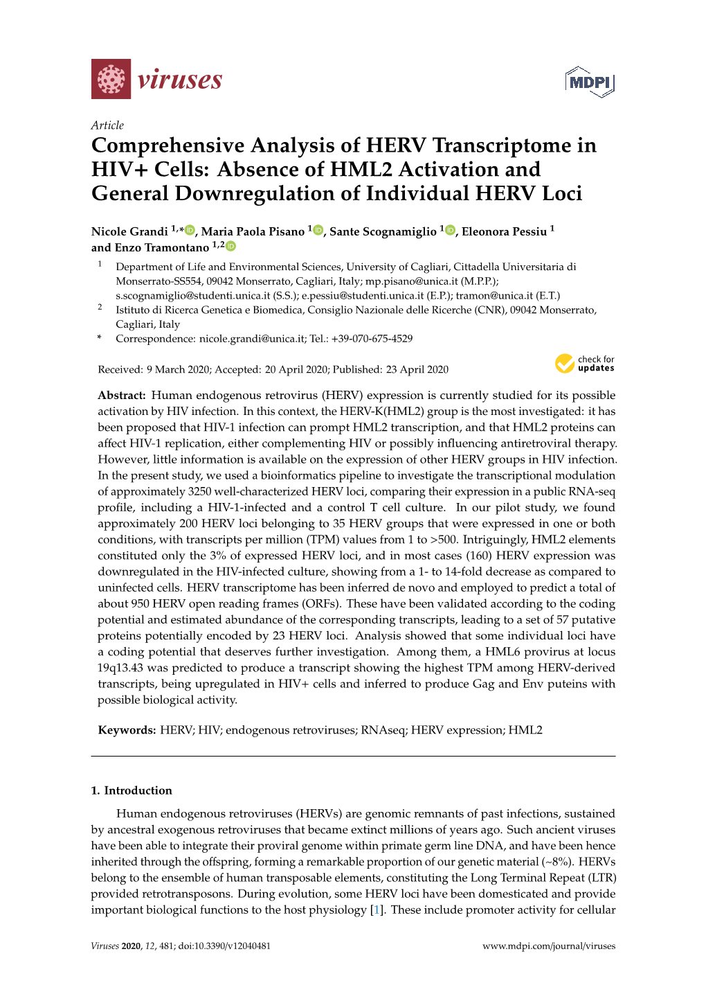 Comprehensive Analysis of HERV Transcriptome in HIV+ Cells: Absence of HML2 Activation and General Downregulation of Individual HERV Loci