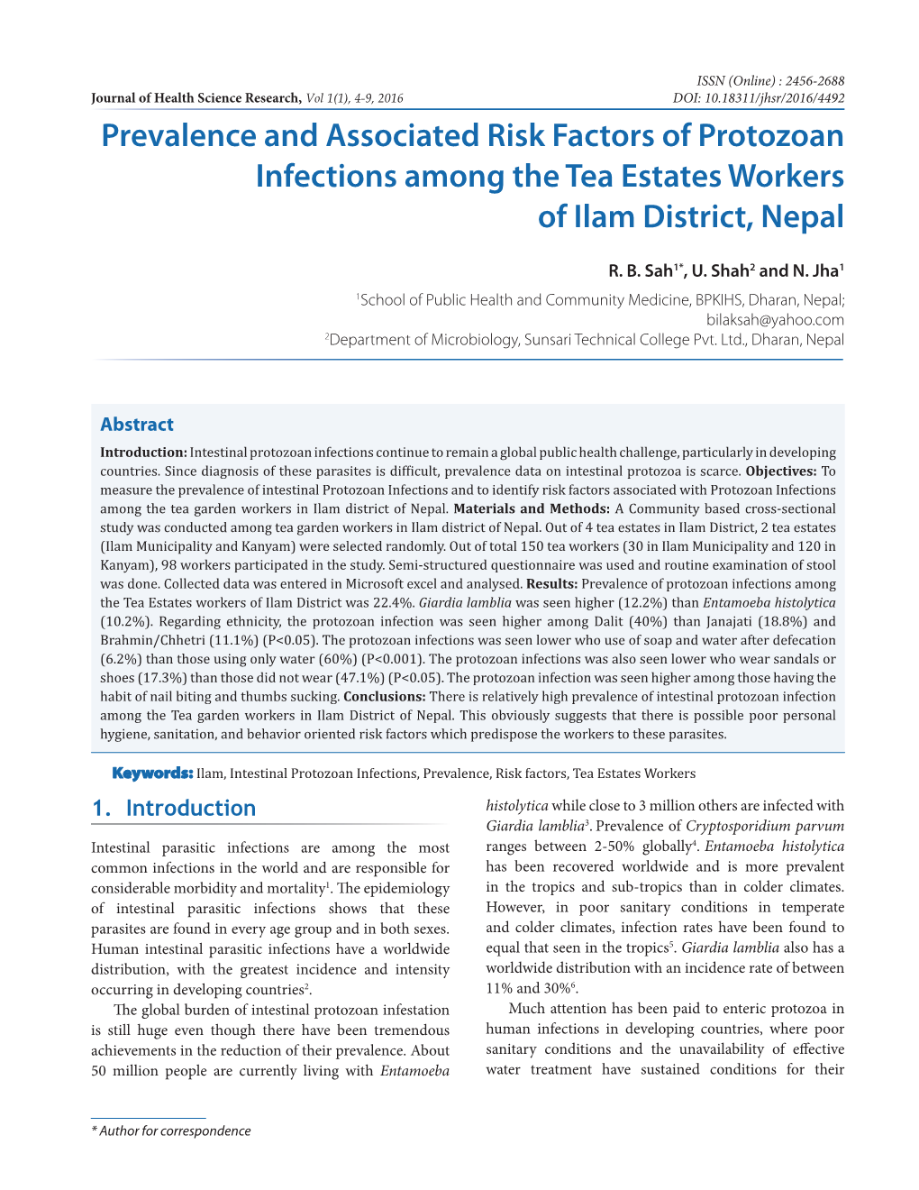 Prevalence and Associated Risk Factors of Protozoan Infections Among the Tea Estates Workers of Ilam District, Nepal