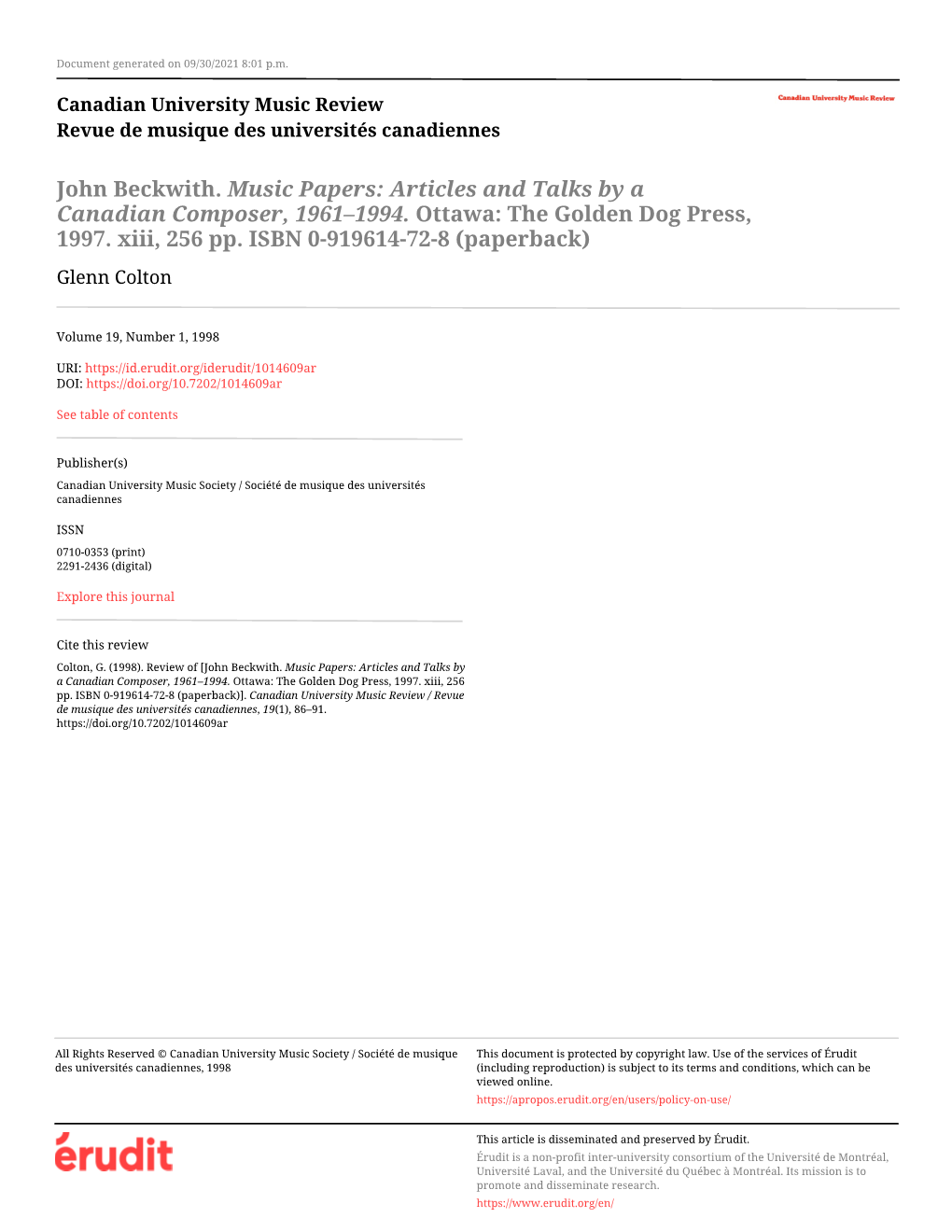 John Beckwith. Music Papers: Articles and Talks by a Canadian Composer, 1961–1994