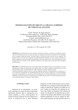 Mineralización De Oro En La Franja Aurífera De Veraguas, Panamá, Está Contenida En Rocas De Edad Miocénica Media, De Composición Calco-Alcalina