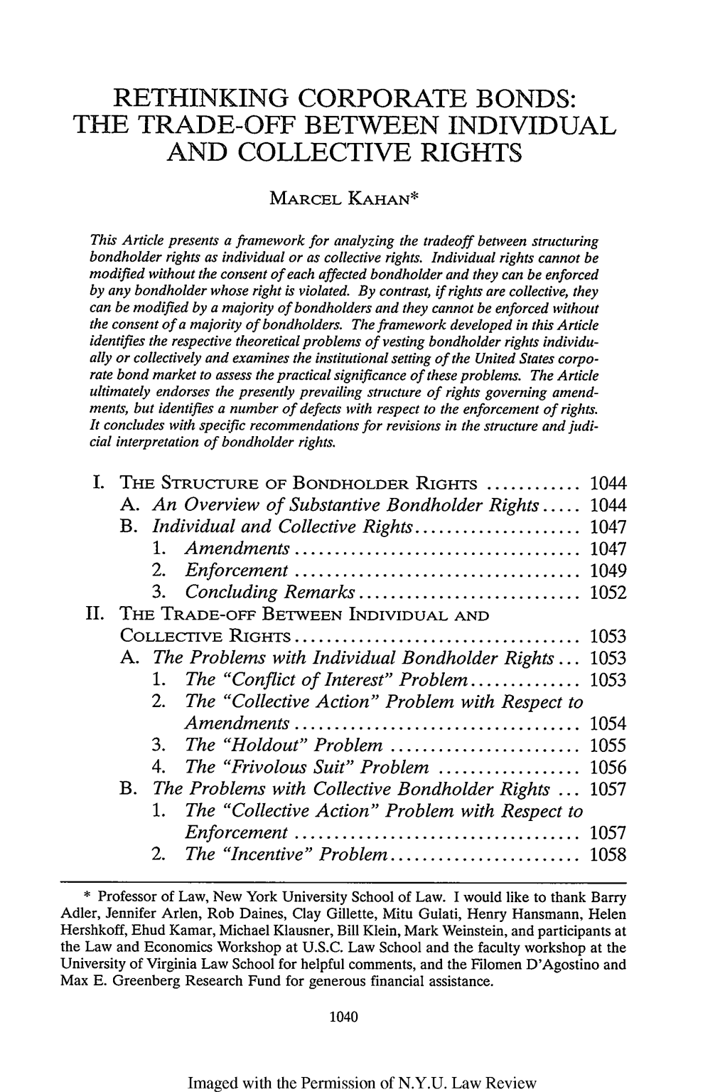 Rethinking Corporate Bonds: the Trade-Off Between Individual and Collective Rights