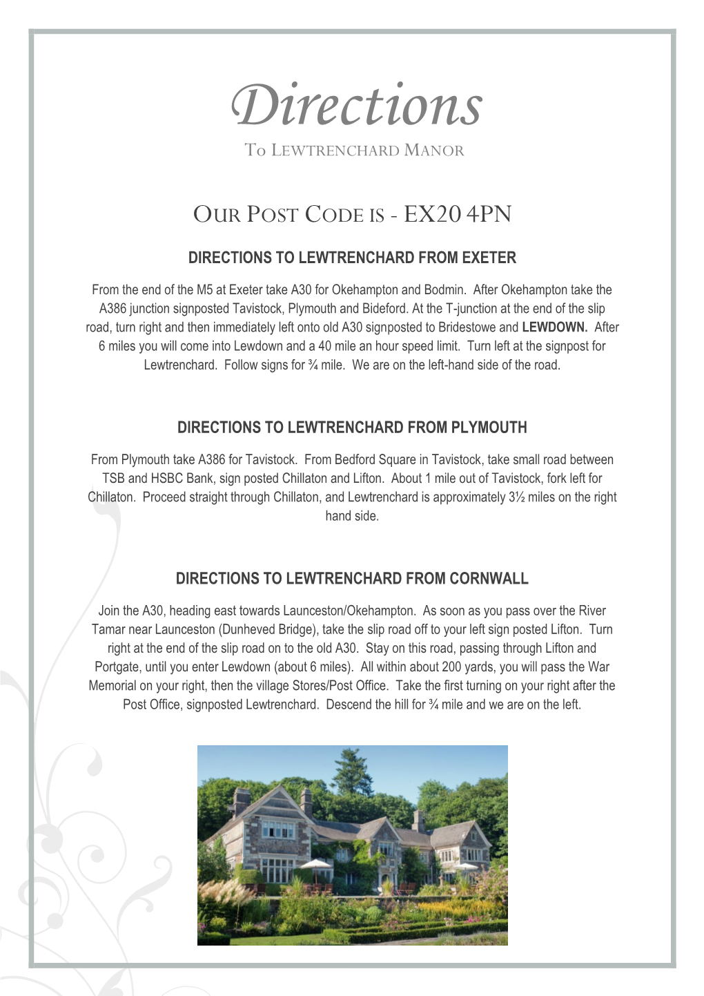 Directions to LEWTRENCHARD MANOR