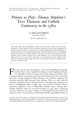 Thomas Stapleton's Tres Thomae and Catholic Controversy in the 1580S