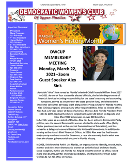 DWCUP MEMBERSHIP MEETING Monday, March 22, 2021--Zoom Guest Speaker Alex Sink
