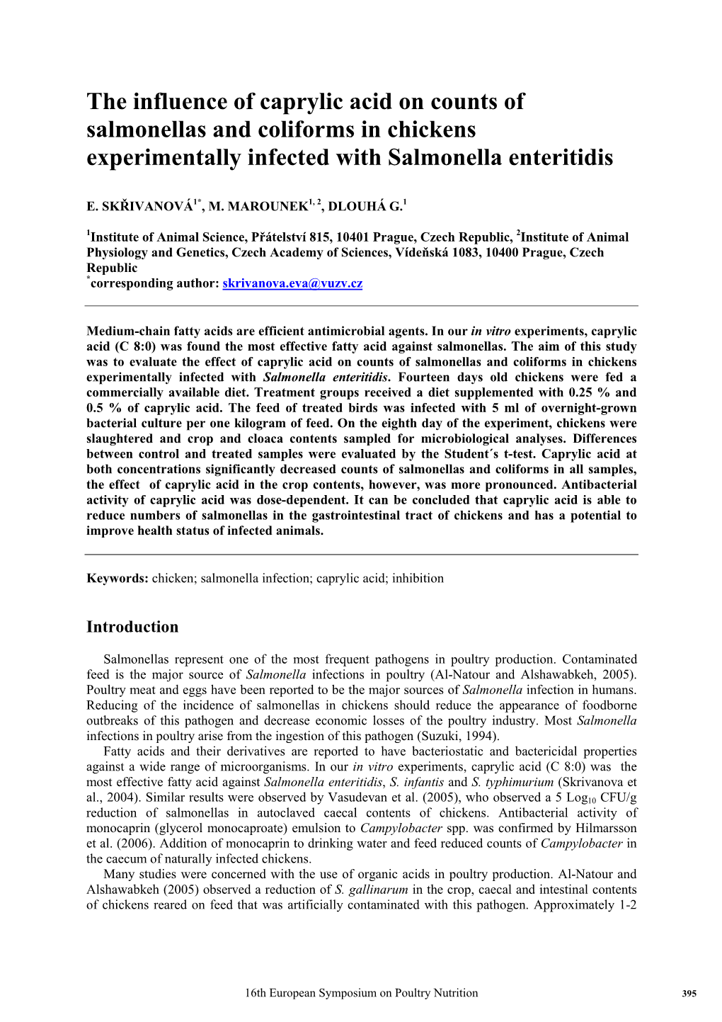 The Influence of Caprylic Acid on Counts of Salmonellas and Coliforms in Chickens Experimentally Infected with Salmonella Enteritidis