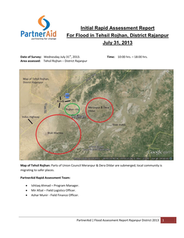 Initial Rapid Assessment Report for Flood in Tehsil Rojhan, District Rajanpur July 31, 2013