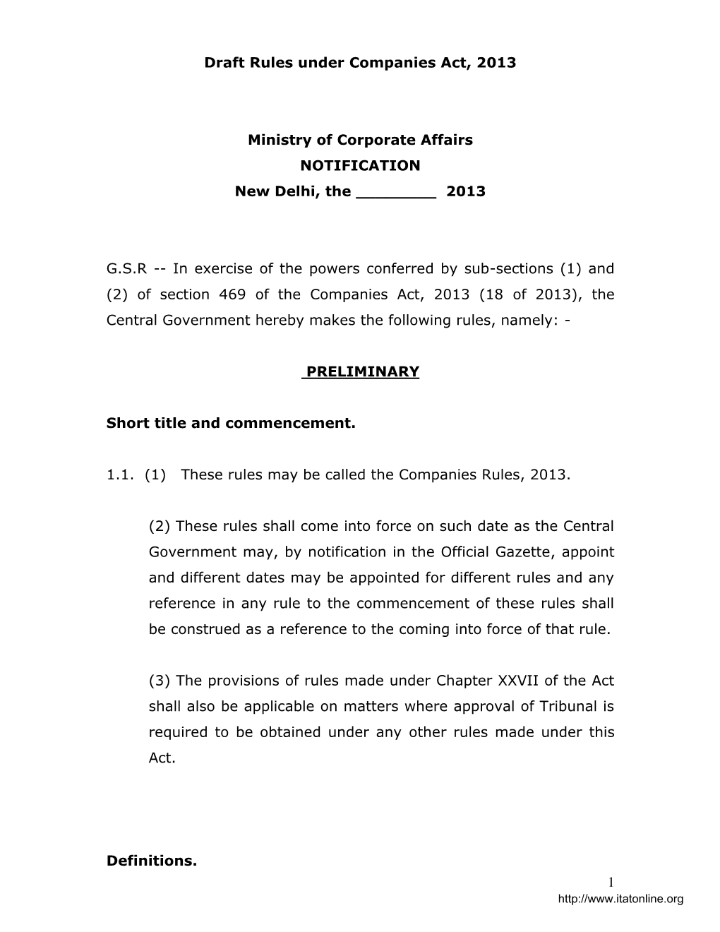 1 Draft Rules Under Companies Act, 2013 Ministry Of