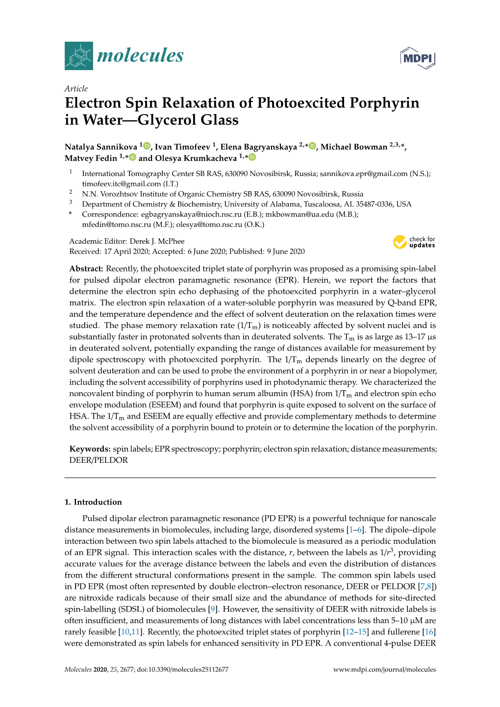 Electron Spin Relaxation of Photoexcited Porphyrin in Water—Glycerol Glass