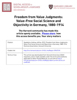 Freedom from Value Judgments: Value-Free Social Science and Objectivity in Germany, 1880-1914