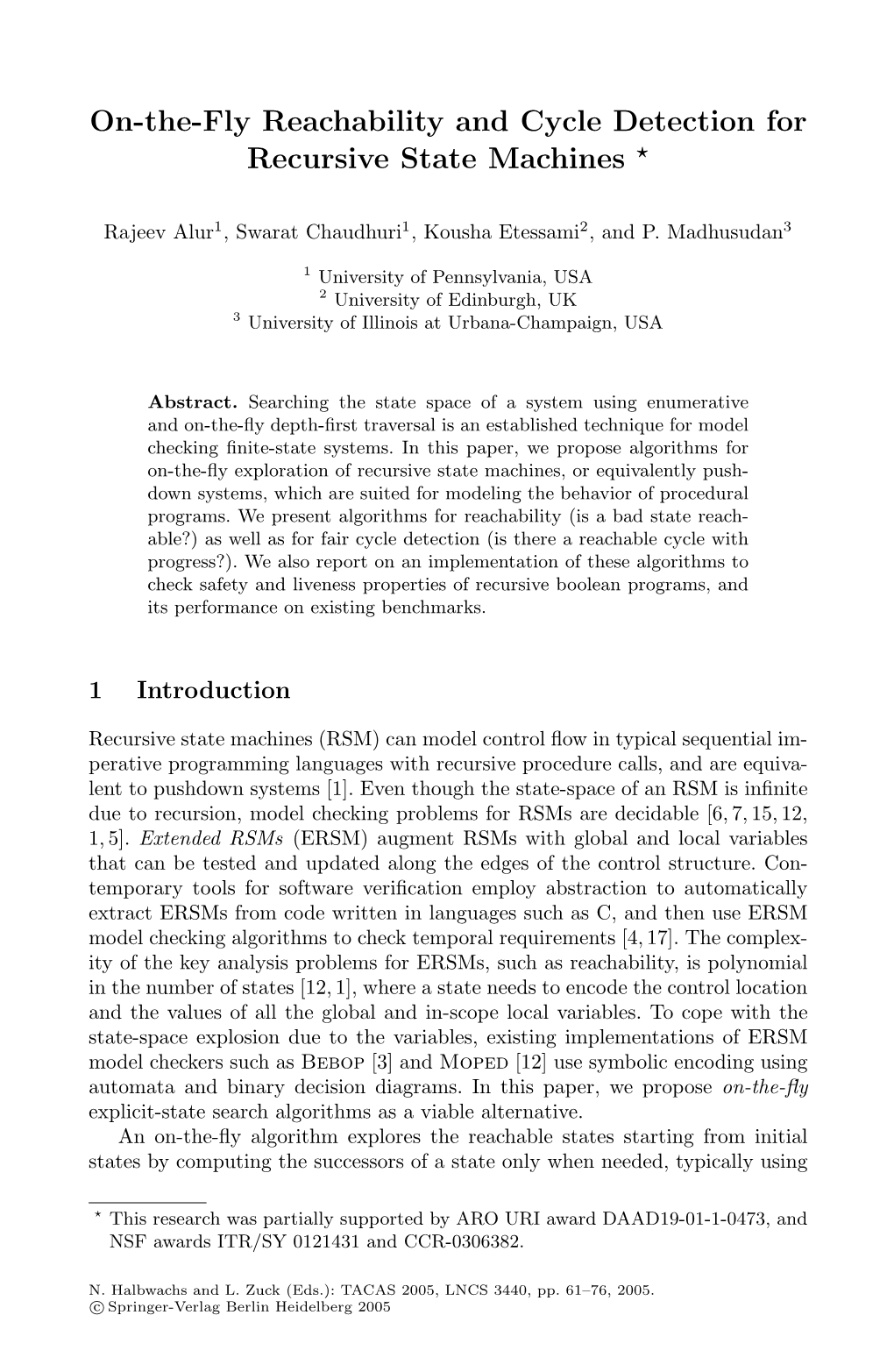 On-The-Fly Reachability and Cycle Detection for Recursive State Machines 