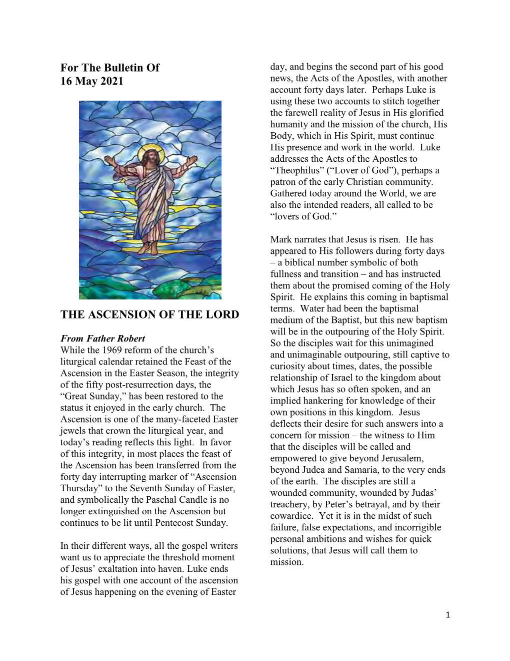 For the Bulletin of 16 May 2021 the ASCENSION of the LORD